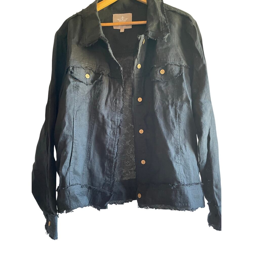 CROWN LINEN Black Frayed Hem 100% Linen Jacket Cork Buttons $153 Women’s XL